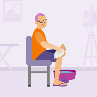 Илюстрация на възрастен мъж, който се грижи за краката си с пила за нокти, символ на хигиена и поддръжка